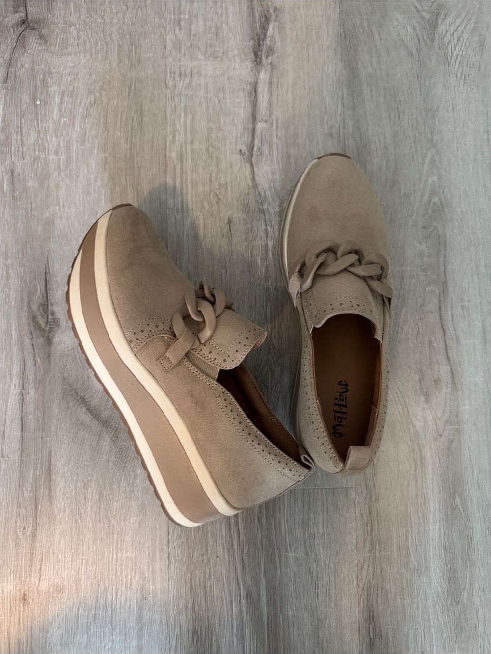 Mad Love Taupe Chain-Trim Slip-On Flats